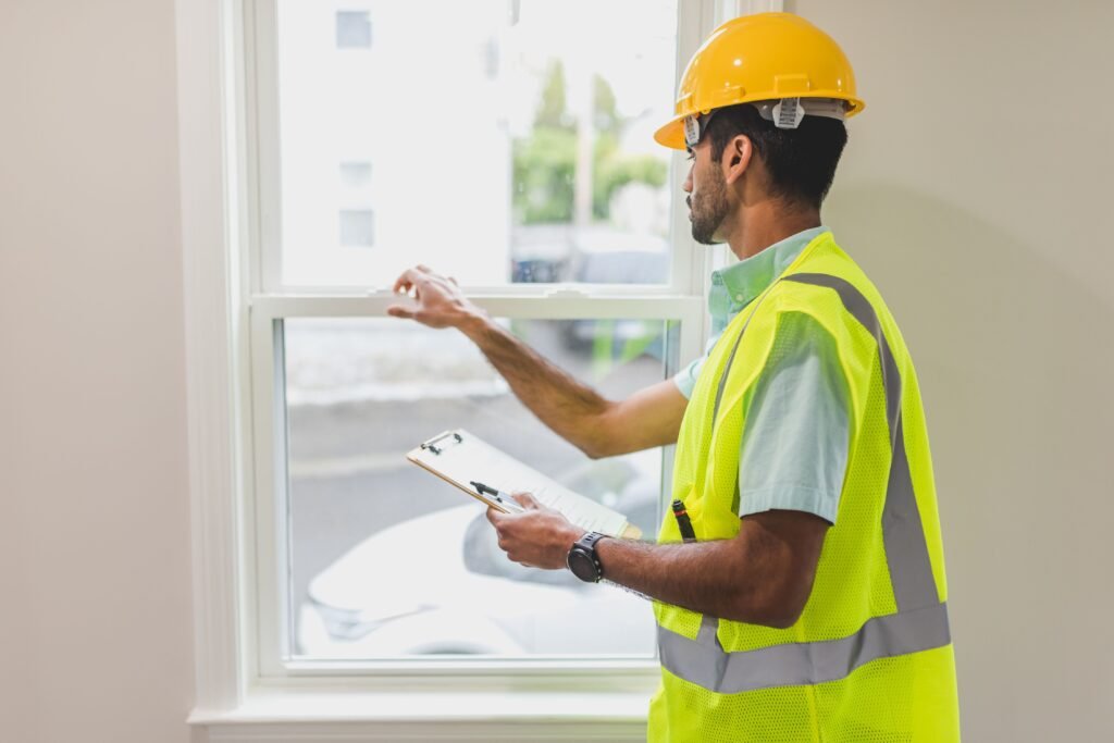 Técnico inspeccionando una ventana para el certificado de eficiencia energética